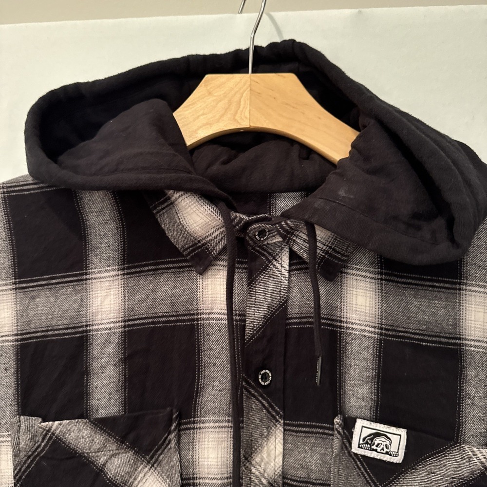 Lurking Class Flannel Hoodie Men XXL Black Plaid Button Up Drawstring Grunge